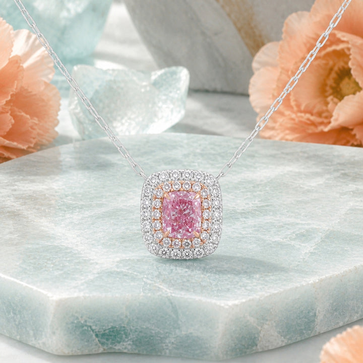 N1908 - 14K White Gold Fancy Color Diamond Cushion Necklace