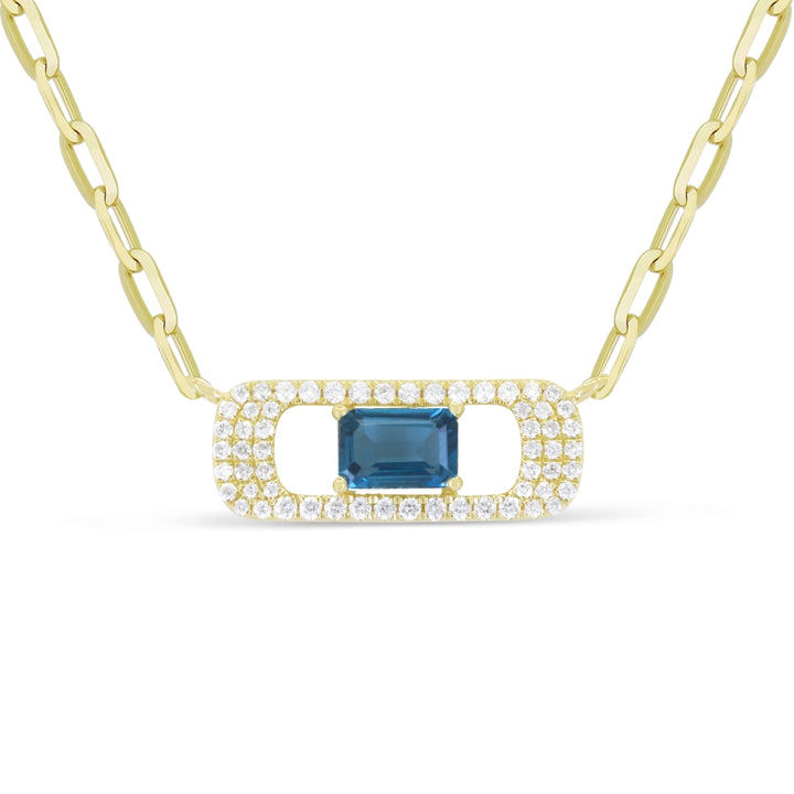 Beautiful Hand Crafted 14K Yellow Gold 4X6MM London Blue Topaz And Diamond Essentials Collection Necklace