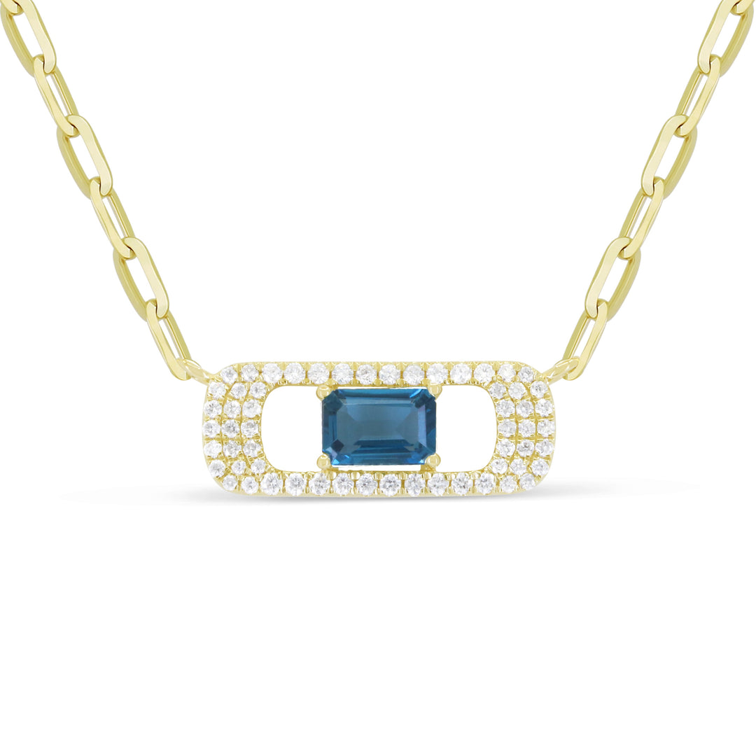 Beautiful Hand Crafted 14K Yellow Gold 4X6MM London Blue Topaz And Diamond Essentials Collection Necklace