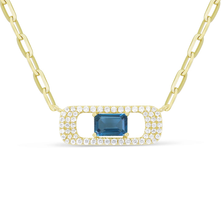 Beautiful Hand Crafted 14K Yellow Gold 4X6MM London Blue Topaz And Diamond Essentials Collection Necklace