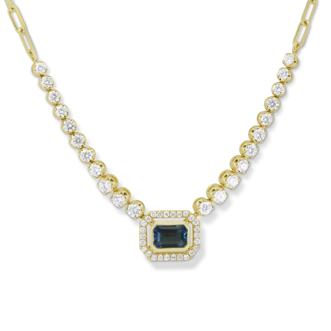 Beautiful Hand Crafted 14K Yellow Gold 4X6MM London Blue Topaz And Diamond Essentials Collection Necklace