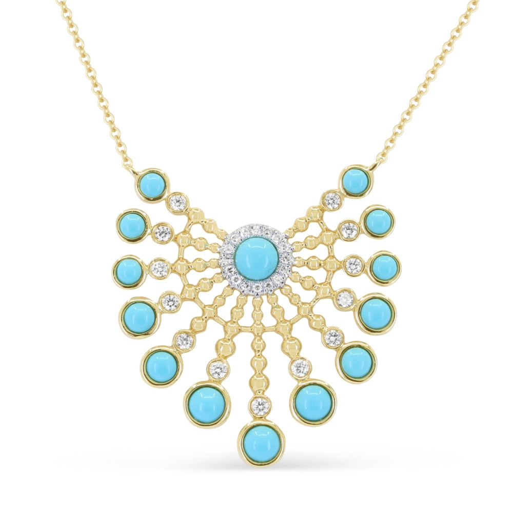 Beautiful Hand Crafted 14K Yellow Gold  Turquoise And Diamond Essentials Collection Necklace