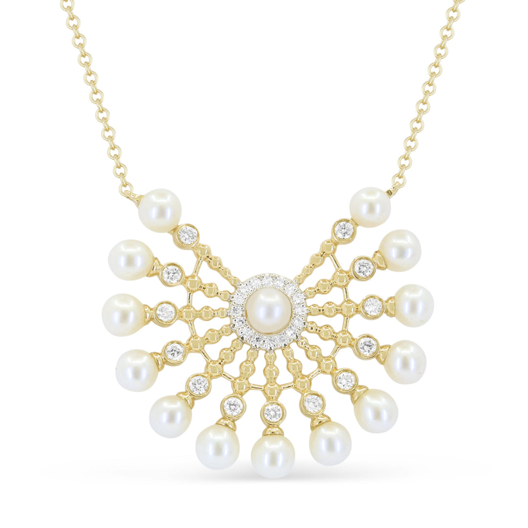 Beautiful Hand Crafted 14K Yellow Gold  Pearl And Diamond Essentials Collection Necklace