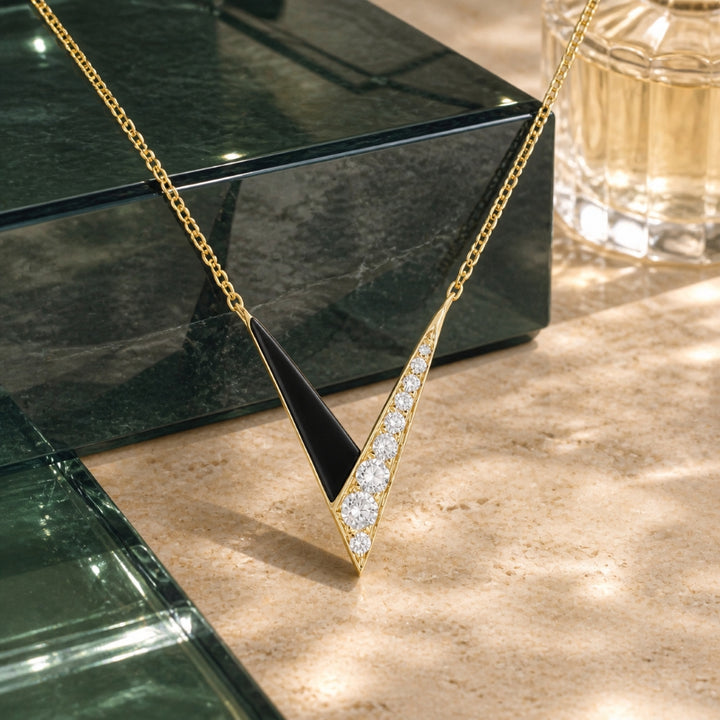 N1937 - 14K Yellow Gold Black Onyx, Turquoise & Diamond Chevron Necklace