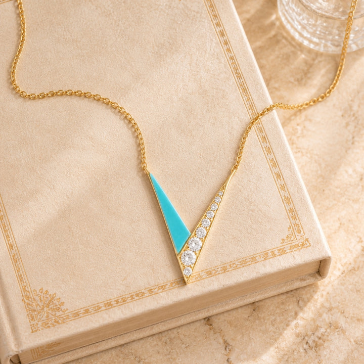 N1937 - 14K Yellow Gold Black Onyx, Turquoise & Diamond Chevron Necklace