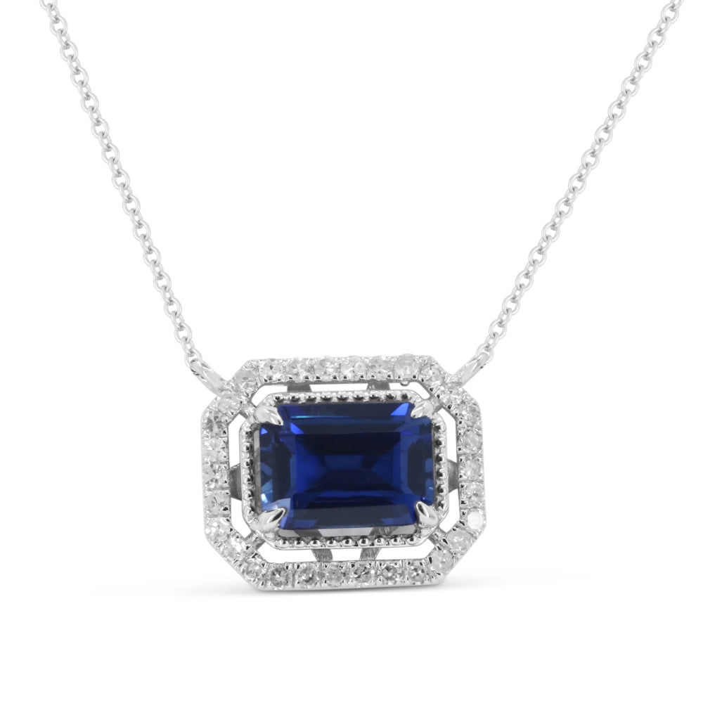 Beautiful Hand Crafted 14K White Gold 5X7MM Created Sapphire And Diamond Essentials Collection Necklace
