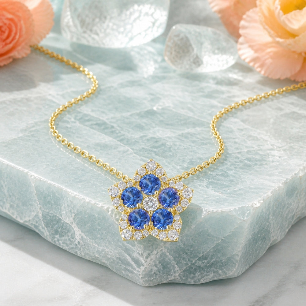 N1965 - 14K Yellow Gold Multi Colored Sapphire & Sapphire Flower Necklace