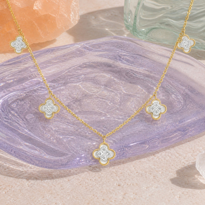 N1966 - 14K Two Tone Gold Diamond Clover Necklace