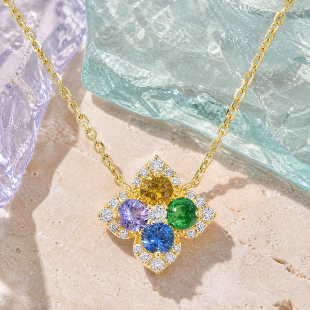N1968 - 14K Yellow Gold Multi Colored Sapphire & Sapphire Flower Necklace