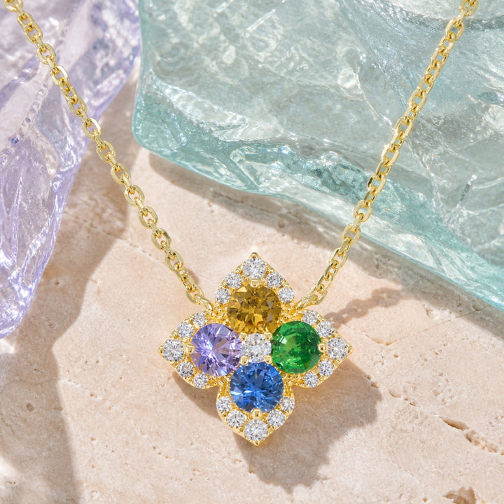 N1968 - 14K Yellow Gold Multi Colored Sapphire & Sapphire Flower Necklace