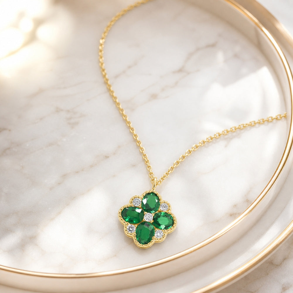 N1972 - 14K Gold Emerald, Ruby & Sapphire Flower Necklace