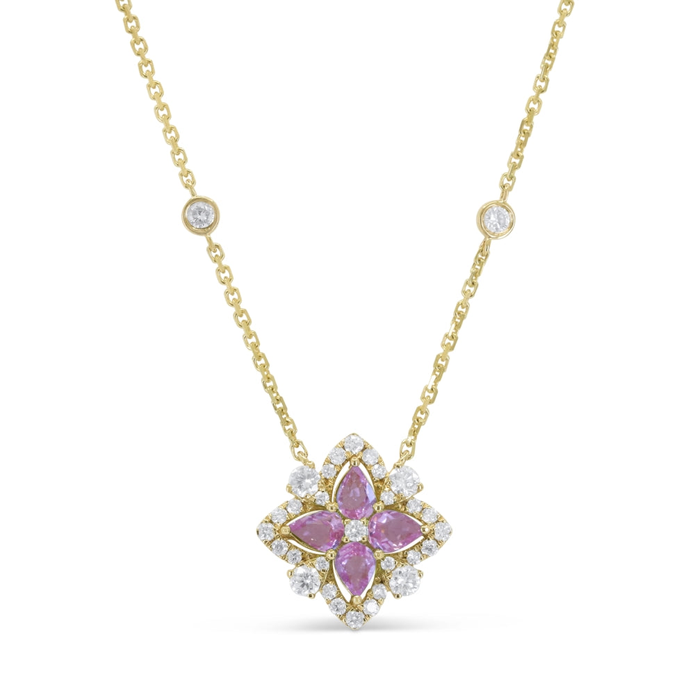 Beautiful Hand Crafted 14K Yellow Gold 3X4MM Pink Sapphire And Diamond Arianna Collection Necklace