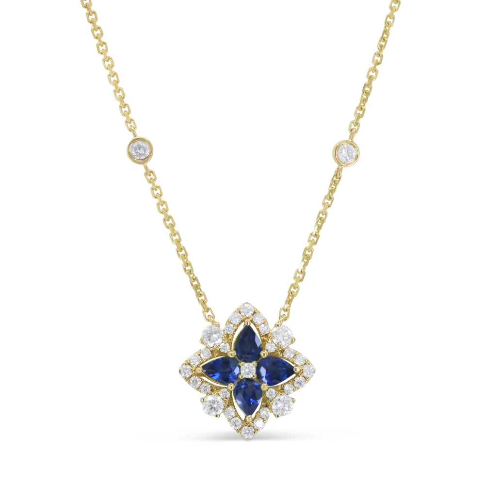 Beautiful Hand Crafted 14K Yellow Gold 3X4MM Sapphire And Diamond Arianna Collection Necklace