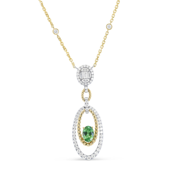 Beautiful Hand Crafted 14K Two Tone Gold 5X7MM Tsavorite And Diamond Arianna Collection Necklace
