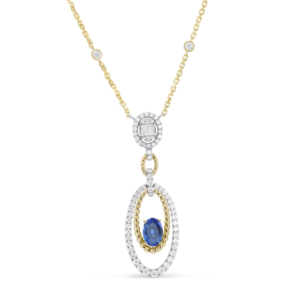 Beautiful Hand Crafted 14K Two Tone Gold 5X7MM Sapphire And Diamond Arianna Collection Necklace