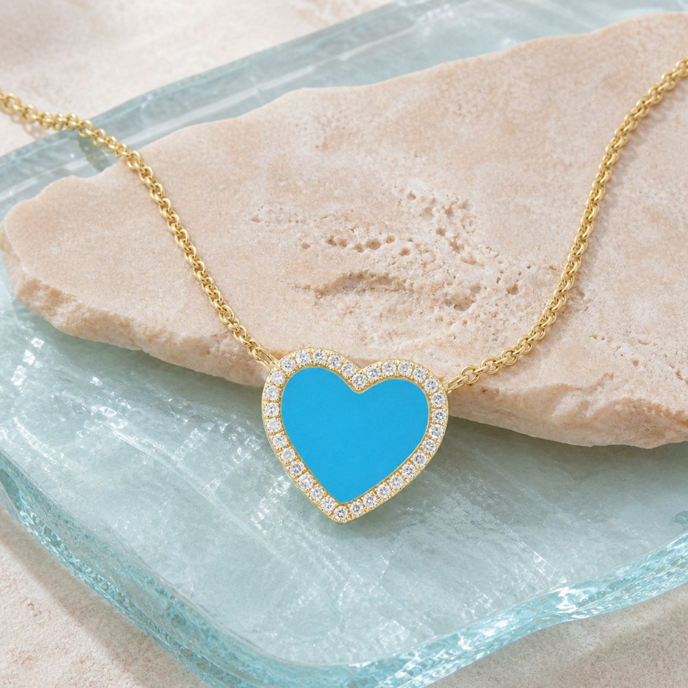 N1977 - 14K Yellow Gold Black Onyx, Mother of Pearl & Turquoise Heart Necklace