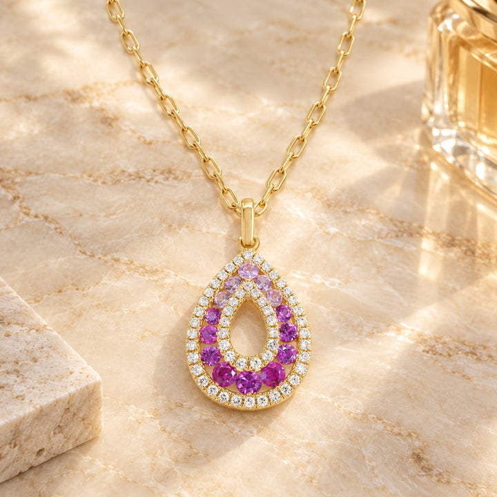 N1982 - 14K Gold Pink Sapphire & Sapphire Pear Pendant