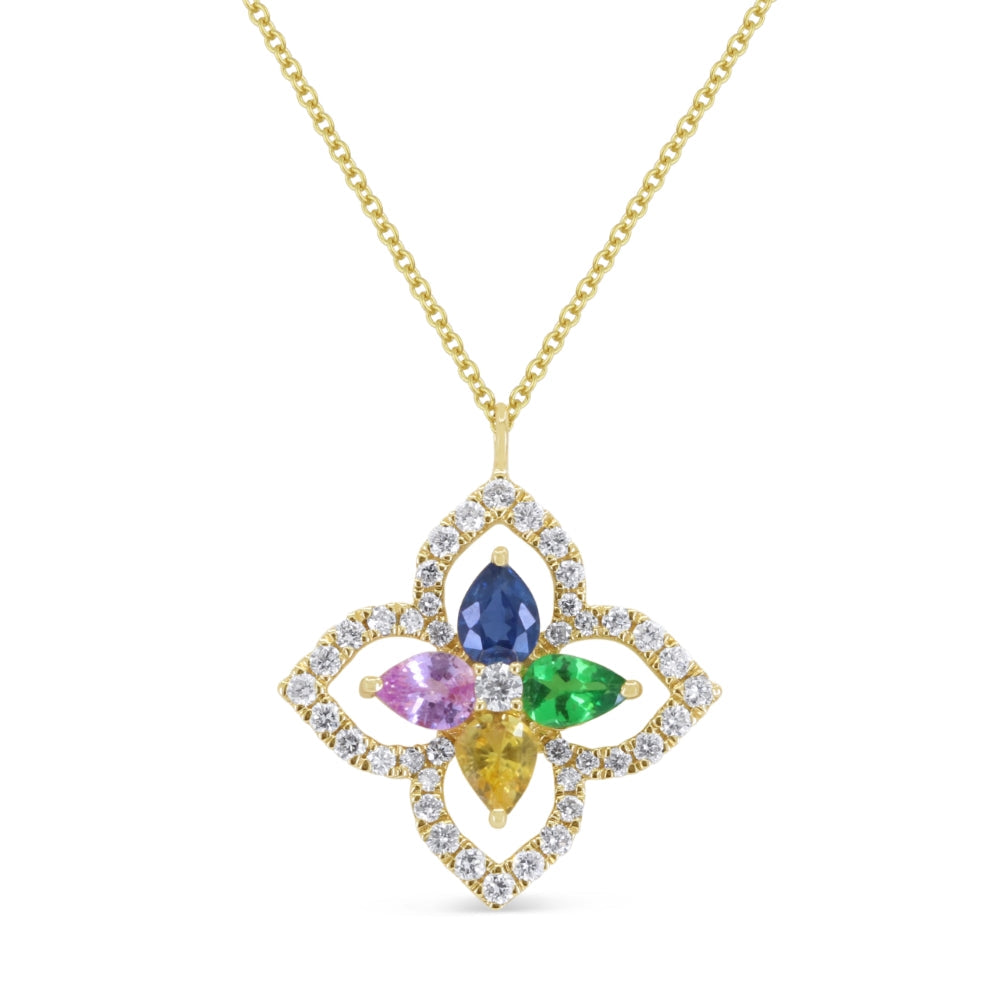 Beautiful Hand Crafted 14K Yellow Gold 3X4MM Multi Colored Sapphire And Diamond Arianna Collection Necklace