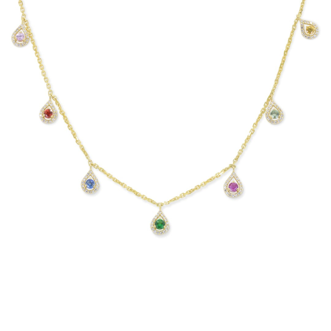 Beautiful Hand Crafted 14K Yellow Gold  Multi Colored Sapphire And Diamond Arianna Collection Necklace