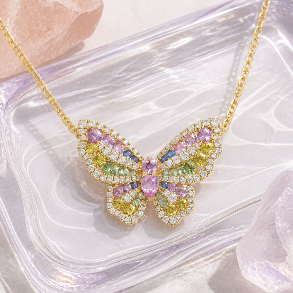 N1995 - 14K Yellow Gold Multi Colored Sapphire Butterfly Necklace