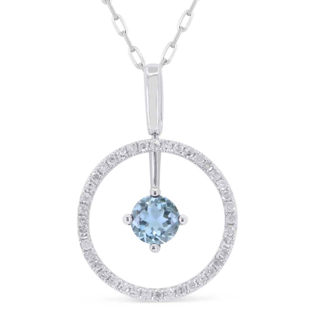 Beautiful Hand Crafted 14K White Gold 5MM Blue Topaz And Diamond Essentials Collection Pendant