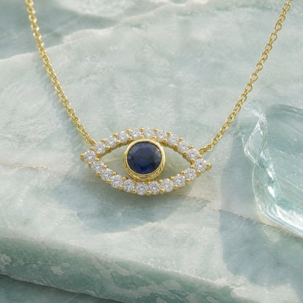N2002 - 14K Yellow Gold Created Sapphire Evil Eye Necklace