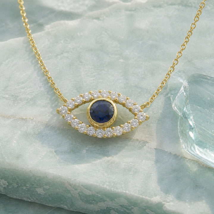 N2002 - 14K Yellow Gold Created Sapphire Evil Eye Necklace