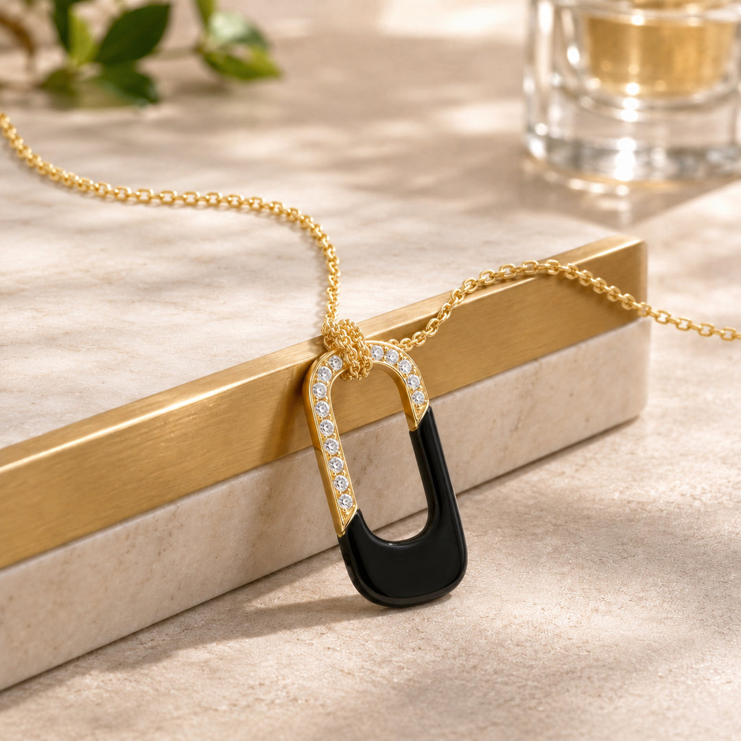 N2006 - 14K Yellow Gold Black Onyx Paperclip Pendant