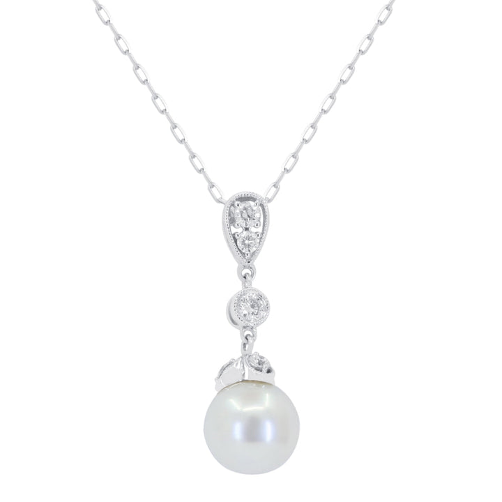 Beautiful Hand Crafted 14K White Gold 7.-7.5MM Pearl And Diamond Essentials Collection Pendant