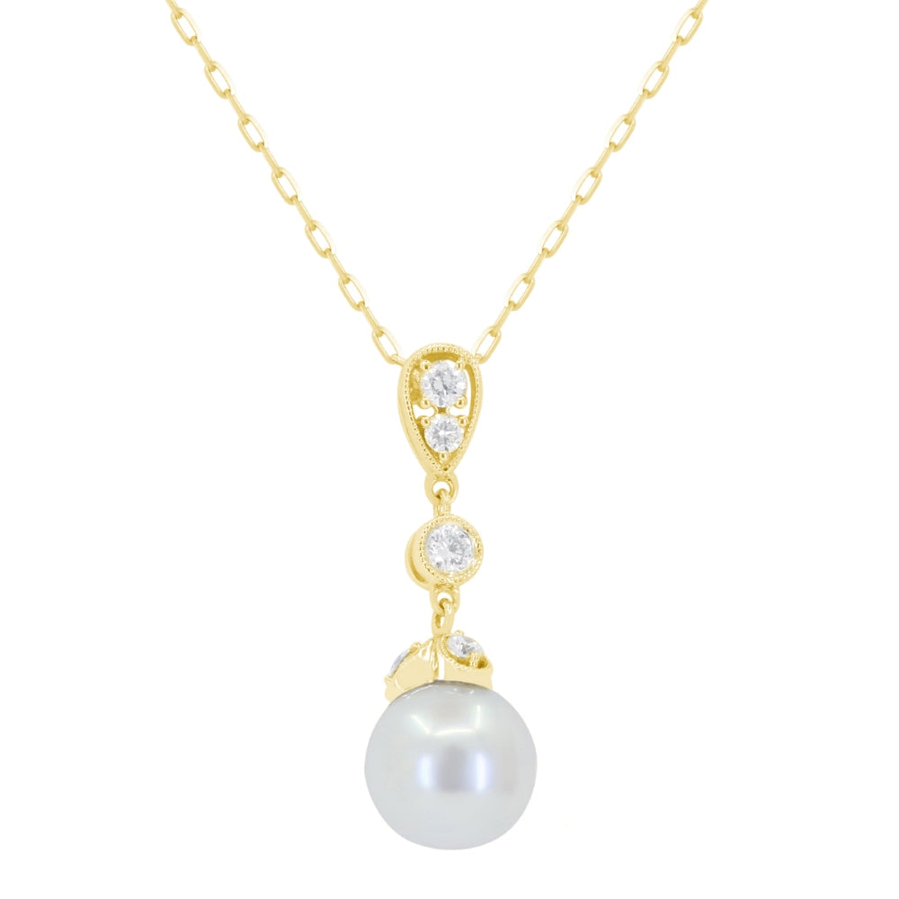 Beautiful Hand Crafted 14K Yellow Gold  Pearl And Diamond Essentials Collection Pendant