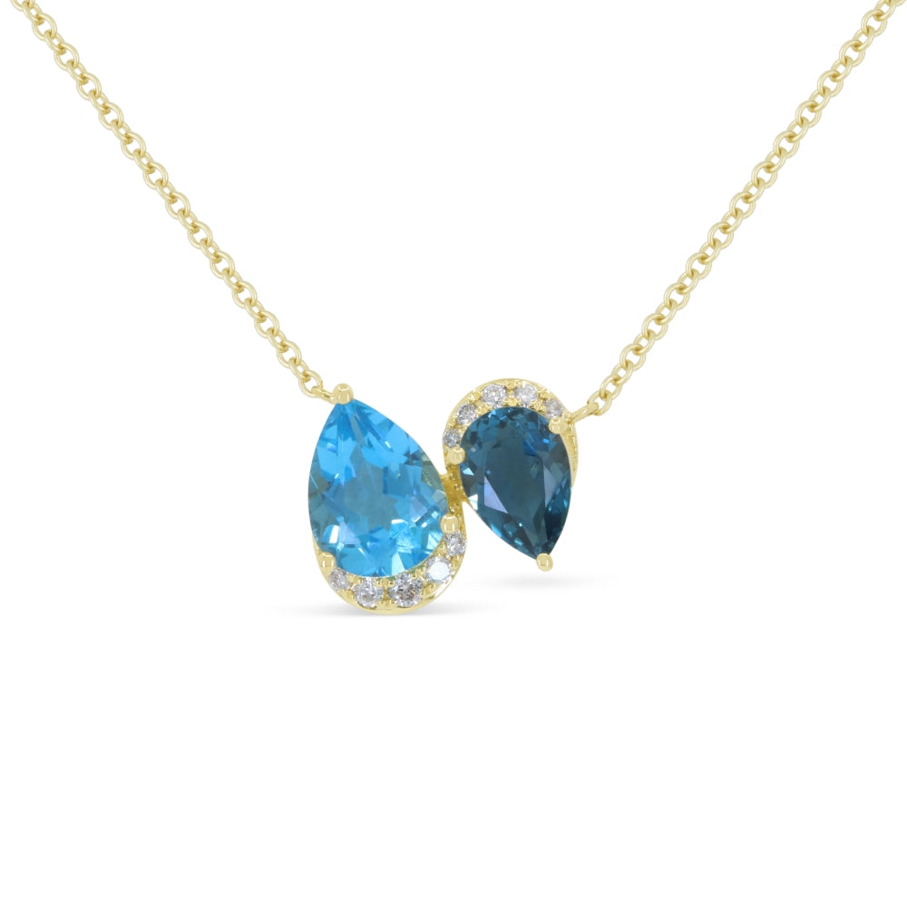 Beautiful Hand Crafted 14K Yellow Gold  Swiss Blue Topaz & London Blue Topaz And Diamond Essentials Collection Necklace