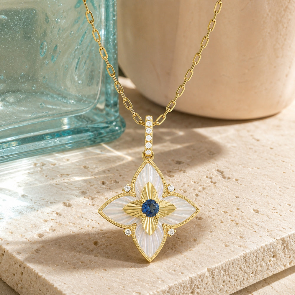 N2056 - 14K Yellow Gold Sapphire Flower Pendant
