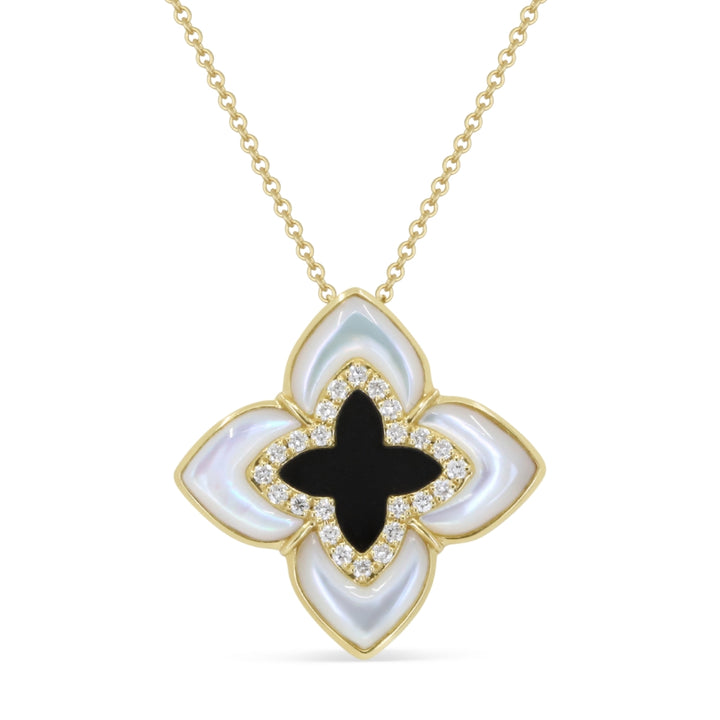 Madison L 14K Yellow Gold Mother of Pearl & Black Onyx Flower Necklace - style N2057MOPBOY