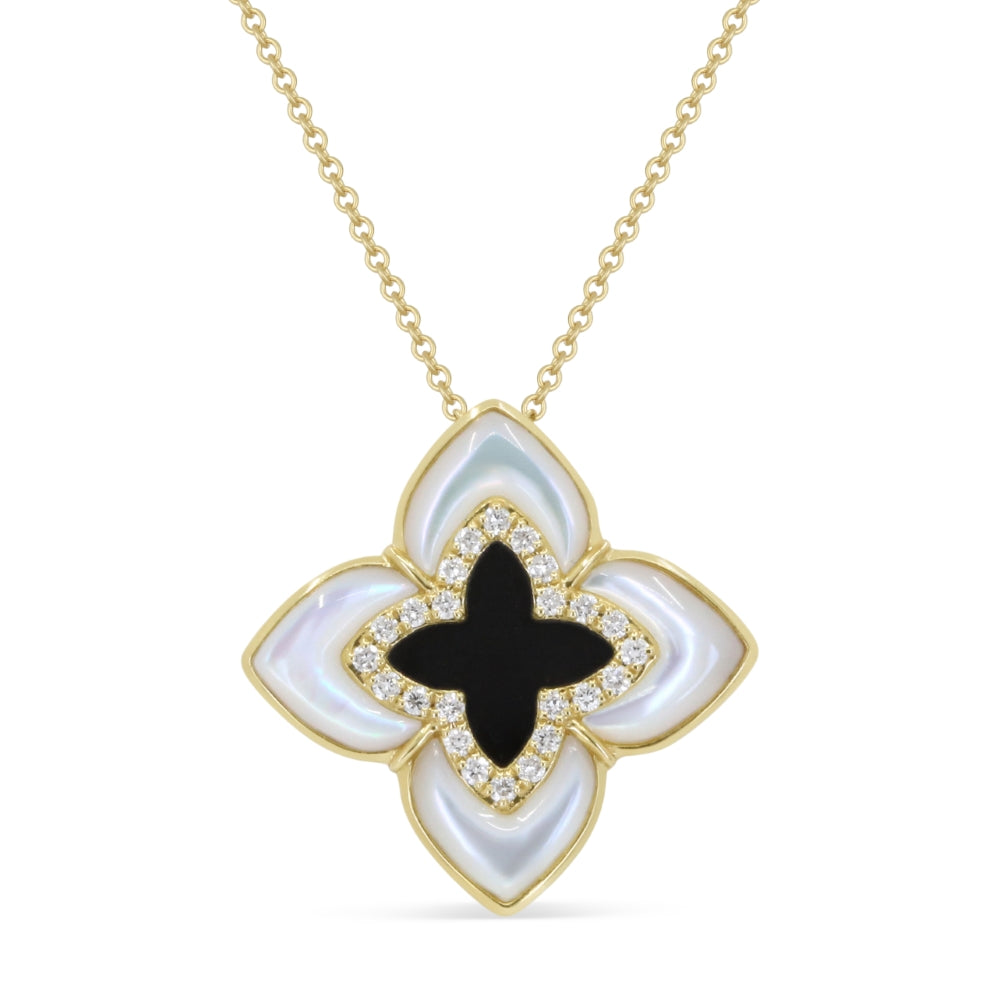 Beautiful Hand Crafted 14K Yellow Gold  Mother Of Pearl & Black Onyx And Diamond Milano Collection Necklace