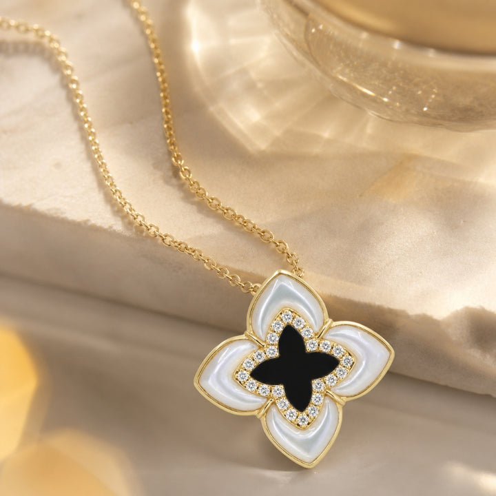 N2057 - 14K Yellow Gold Mother of Pearl & Black Onyx Flower Necklace