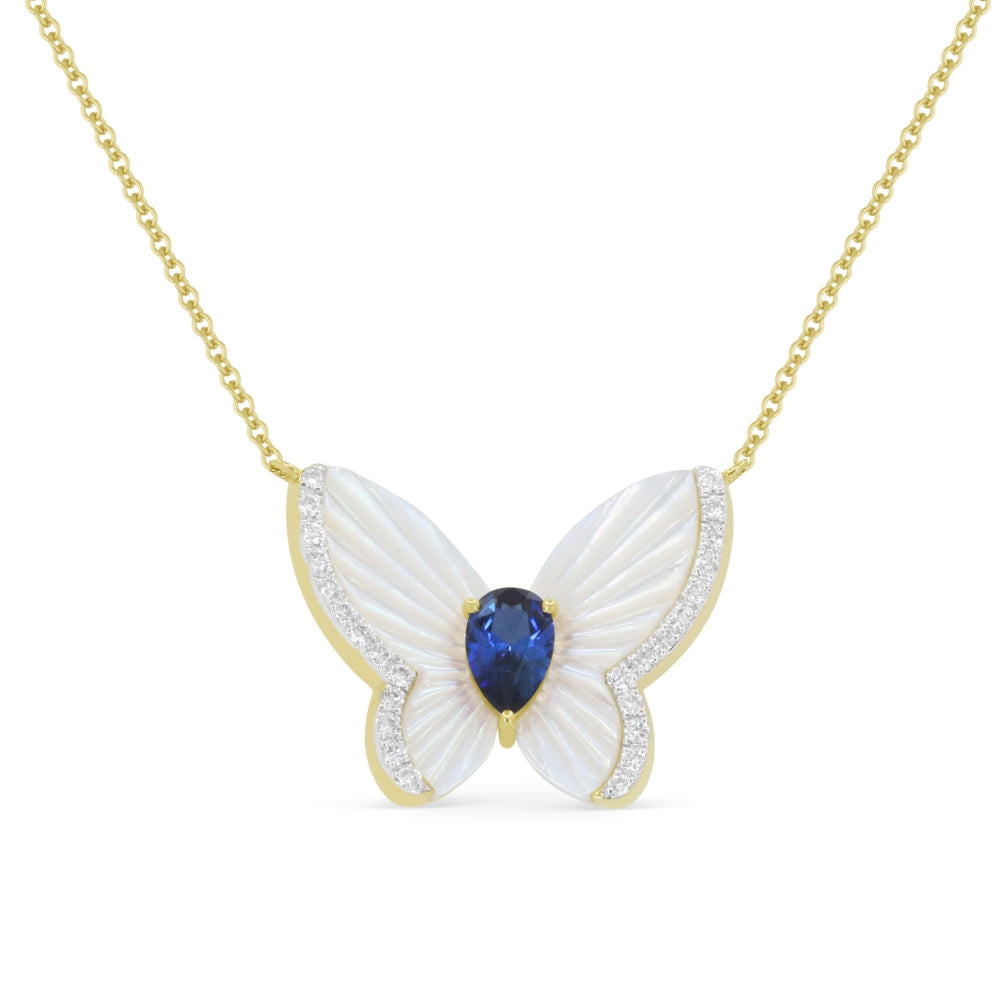 Beautiful Hand Crafted 14K Yellow Gold  Mother Of Pearl/Created Sapphire And Diamond Essentials Collection Necklace
