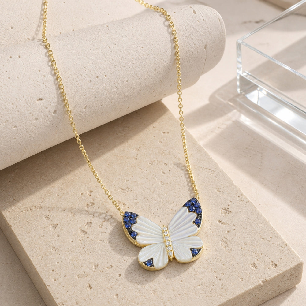 N2059 - 14K Yellow Gold Mother of Pearl/Sapphire Butterfly Necklace