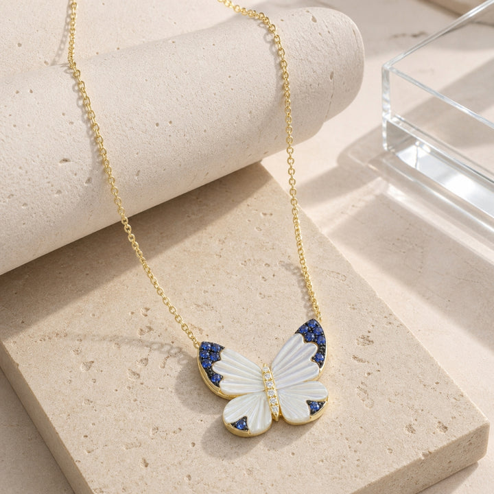 N2059 - 14K Yellow Gold Mother of Pearl/Sapphire Butterfly Necklace