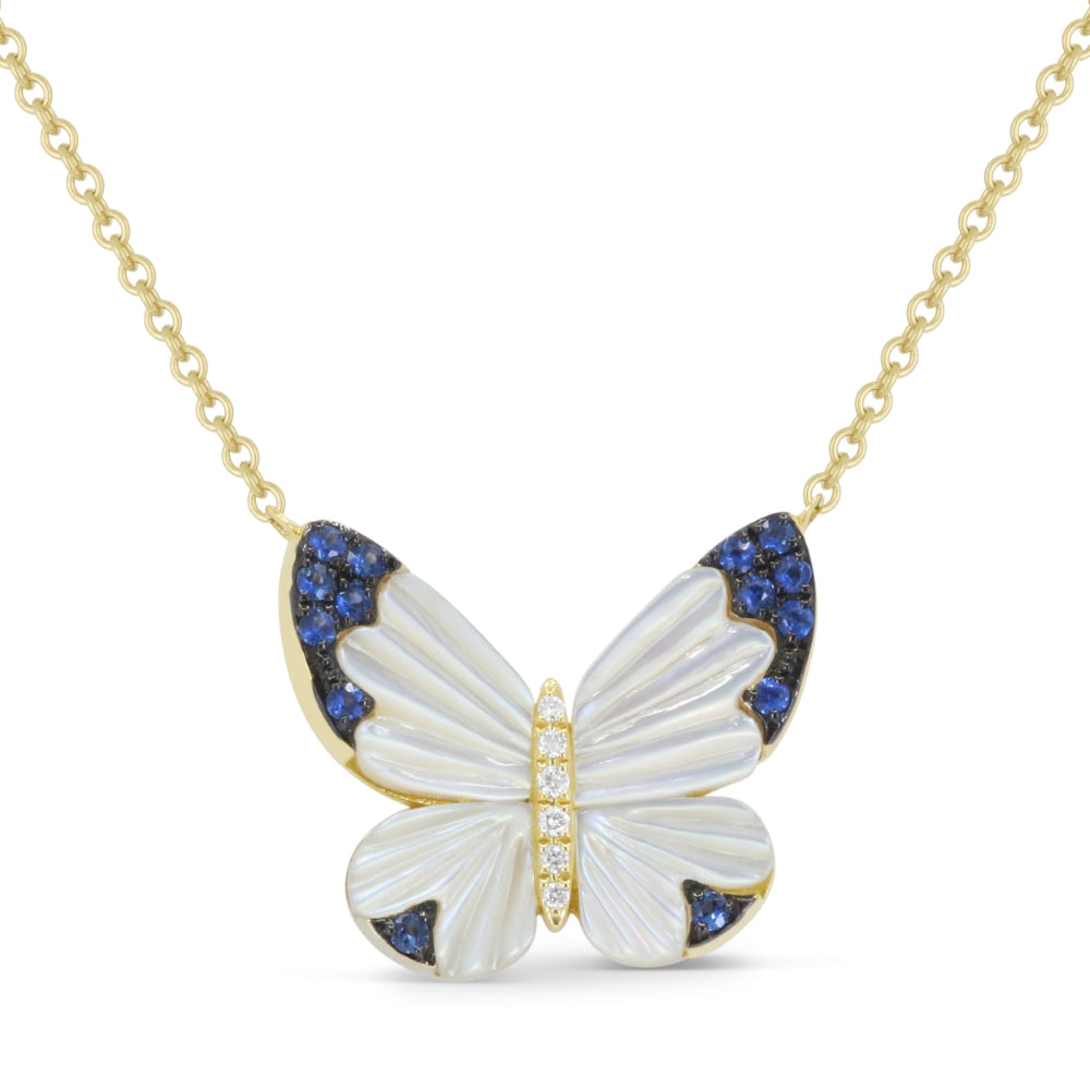 Beautiful Hand Crafted 14K Yellow Gold  Mother Of Pearl/Sapphire And Diamond Essentials Collection Necklace