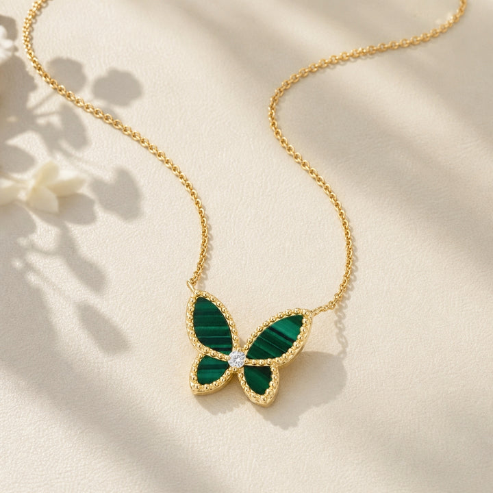 N2067 - 14K Yellow Gold Malachite, Mother of Pearl & Turquoise Butterfly Necklace