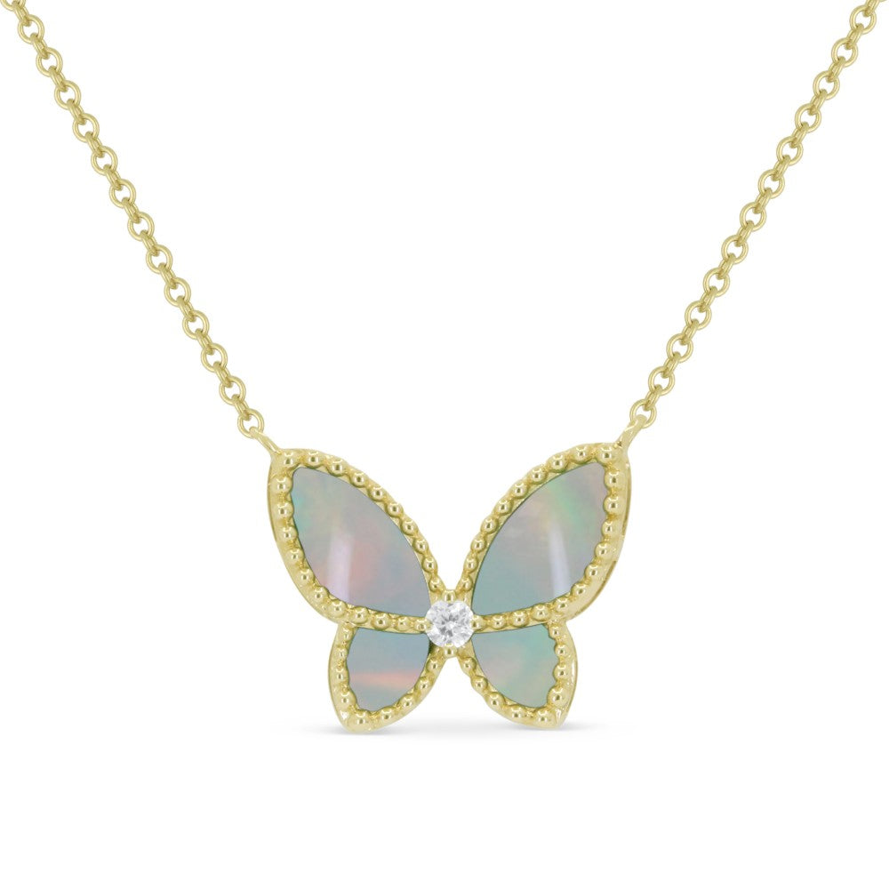 Beautiful Hand Crafted 14K Yellow Gold  Mother Of Pearl And Diamond Essentials Collection Necklace