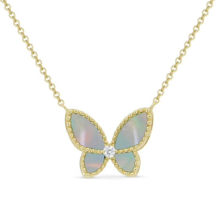 Beautiful Hand Crafted 14K Yellow Gold  Mother Of Pearl And Diamond Essentials Collection Necklace