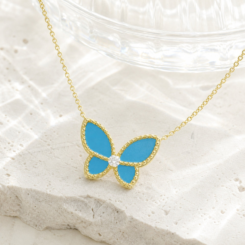 N2067 - 14K Yellow Gold Malachite, Mother of Pearl & Turquoise Butterfly Necklace