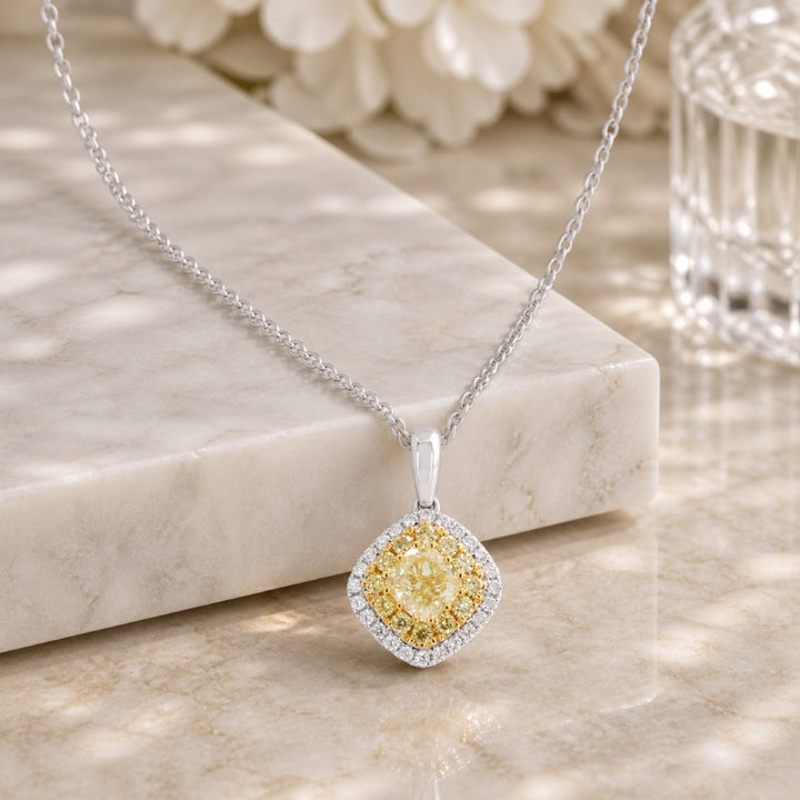 N2088 - 18K White Gold Fancy Yellow Diamond Cushion Pendant