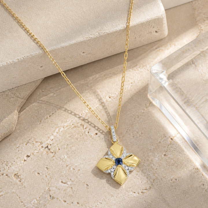N2143 - 14K Yellow Gold Sapphire Flower Pendant