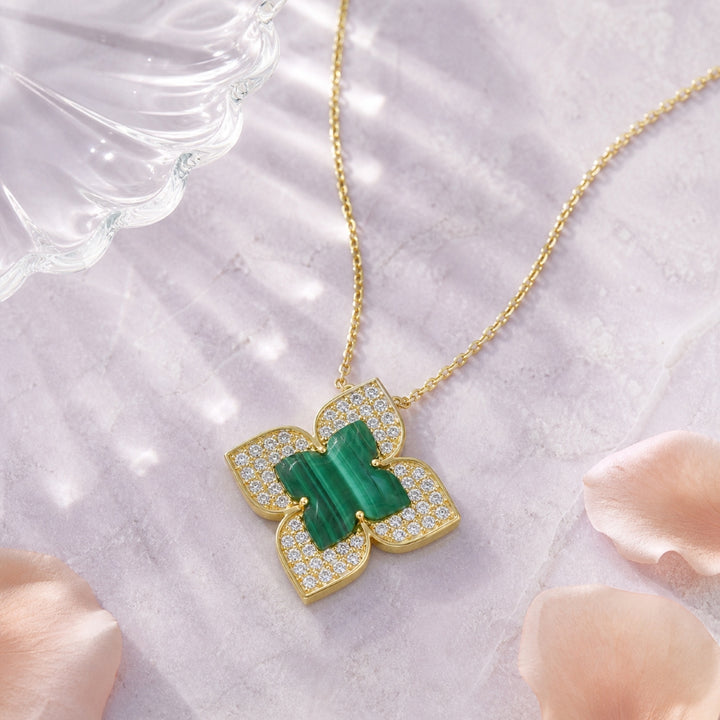 N2148 - 14K Yellow Gold Malachite Flower Pendant