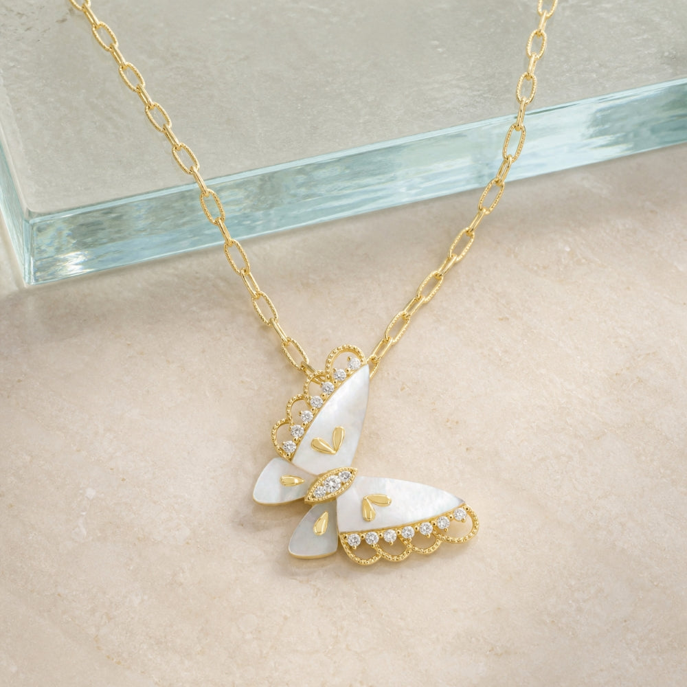 N2185 - 14K Yellow Gold Mother of Pearl Butterfly Pendant