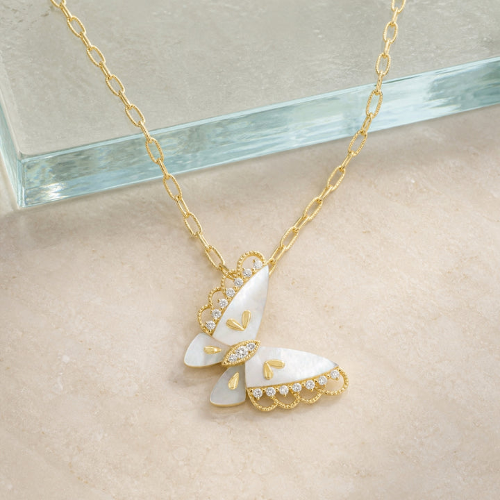 N2185 - 14K Yellow Gold Mother of Pearl Butterfly Pendant