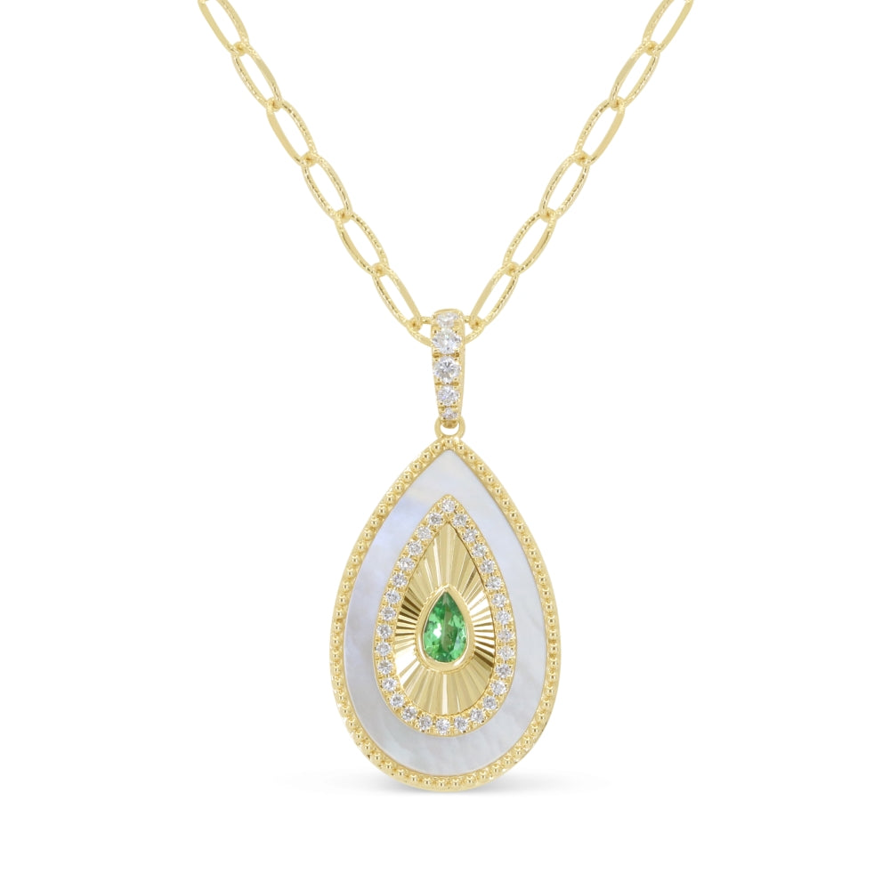 Beautiful Hand Crafted 14K Yellow Gold  Green Garnet & Mother Of Pearl And Diamond Milano Collection Pendant