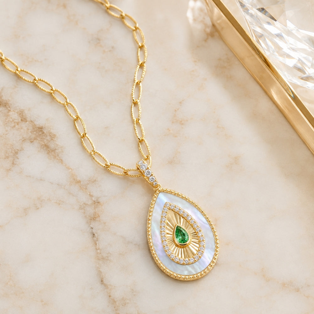 N2199 - 14K Yellow Gold Green Garnet & Mother of Pearl Pendant